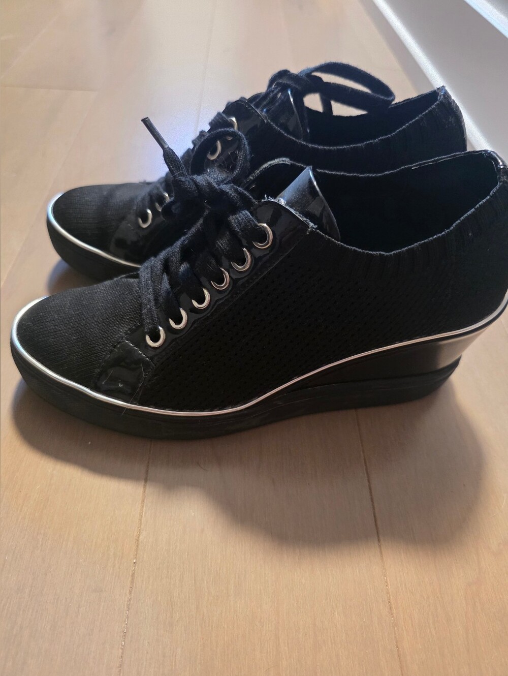 The WishBone Collective-Browns Shoes-Black Lace-Up Wedge Sneakers